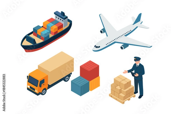 Obraz Isometric global logistics concept with cargo ship, airplane, delivery truck, containers, and customs officer