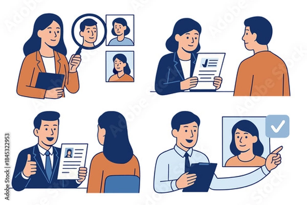 Obraz Human resources management and recruitment process scenes with interviews and candidate selection