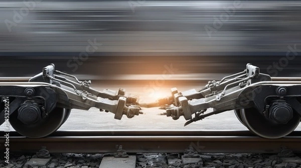 Obraz locomotive. Railroad track joints at station with motion blur of passing train and industrial lighting. mobility guides, transit brochures, designed for transport & logistics marketing.