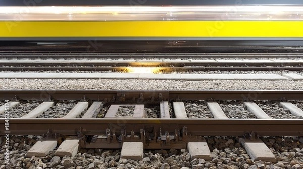 Obraz locomotive. Railroad track joints at station with motion blur of passing train and industrial lighting. mobility guides, transit brochures, designed for transport & logistics marketing.