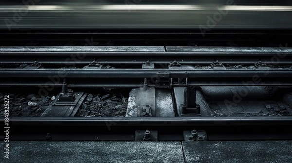 Obraz locomotive. Railroad track joints at station with motion blur of passing train and industrial lighting. mobility guides, transit brochures, designed for transport & logistics marketing.