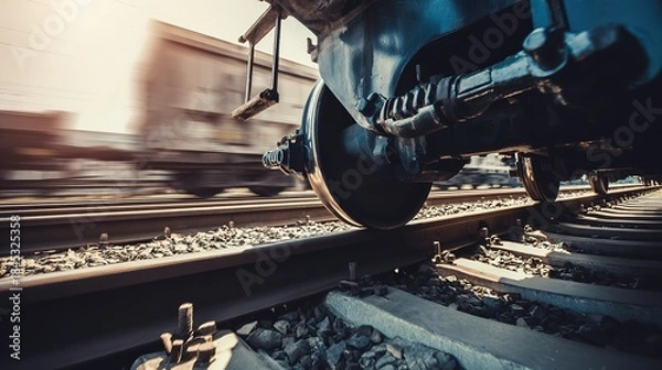 Obraz locomotive. Railroad track joints at station with motion blur of passing train and industrial lighting. mobility guides, transit brochures, designed for transport & logistics marketing.