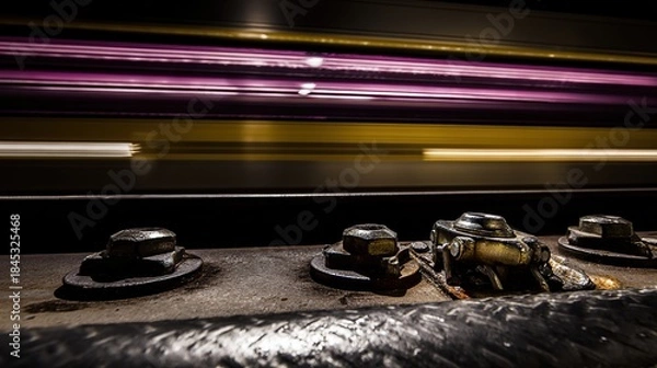 Obraz locomotive. Railroad track joints at station with motion blur of passing train and industrial lighting. mobility guides, transit brochures, designed for transport & logistics marketing.