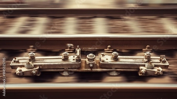 Obraz locomotive. Railroad track joints at station with motion blur of passing train and industrial lighting. mobility guides, transit brochures, designed for transport & logistics marketing.