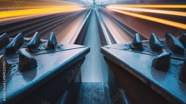 Obraz locomotive. Railroad track joints at station with motion blur of passing train and industrial lighting. mobility guides, transit brochures, designed for transport & logistics marketing.