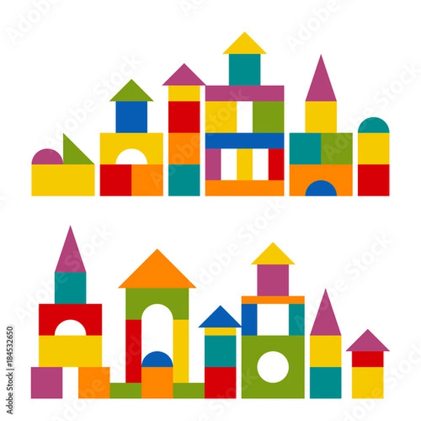 Fototapeta Bright colorful wooden blocks toy. Bricks childrens building tower, castle, house. Vector flat style illustration isolated on white background.
