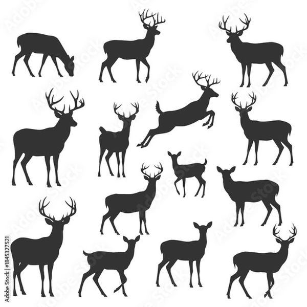 Obraz A collection of black silhouette deer in various poses and stances