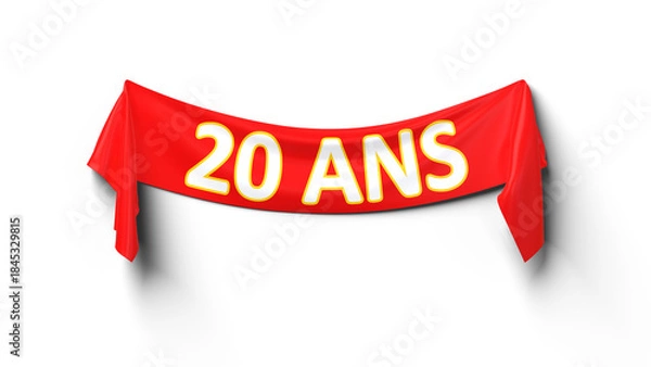 Obraz banderole en tissus rouge avec le texte 20 ans pour un anniversaire - rendu 3D sur fond transparent