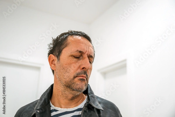 Obraz Thoughtful adult male in a clean modern white room, dressed in a leather jacket, captured in a moment of quiet reflection.