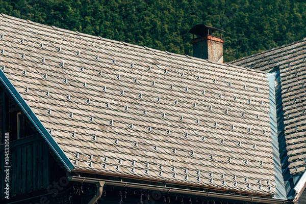 Obraz Alpine house roof with snow guards and protective metal stoppers for winter snow safety.