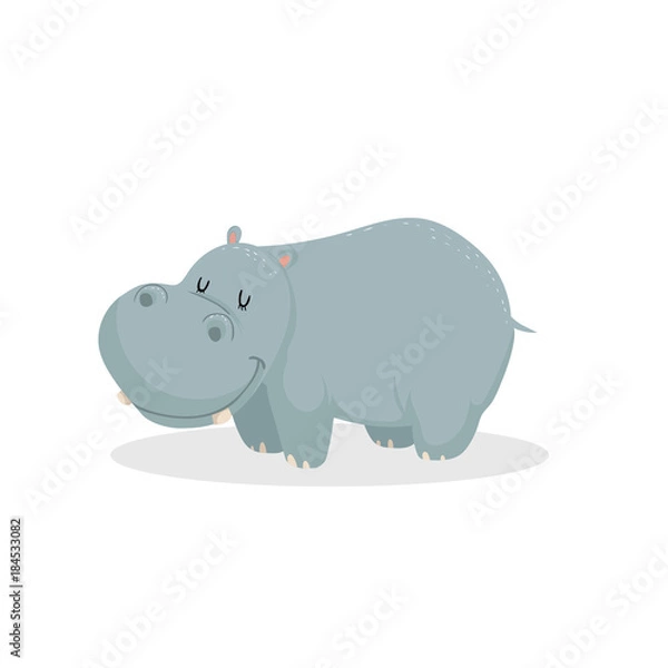 Obraz Kreskówka modny design mały hipopotam z zamkniętymi oczami. Ikona ilustracja wektora dzikich zwierząt afrykańskich.