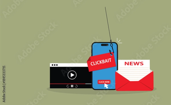 Obraz Clickbait message.Clickbait concept with smartphone and fishing hook on message
