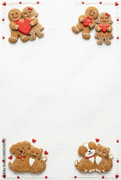 Obraz Valentine's Day gingerbread cookies frame with loving couples and pets on white background. Cute dog, cat, man and woman characters holding red hearts with vertical copy space.