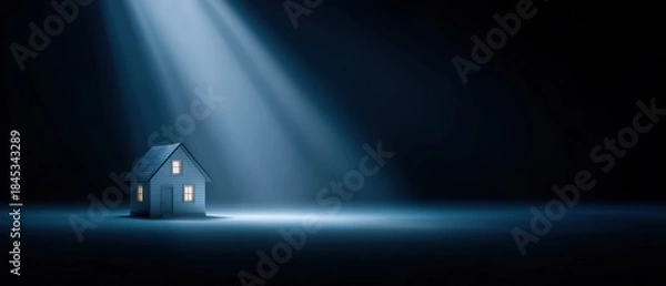 Fototapeta A small house on a dark background. light shining from above, Smart home banner