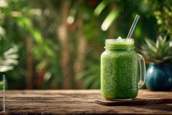 Fototapeta Refreshing Green Smoothie in Mason Jar