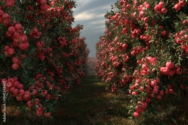 Fototapeta Red Apples Hanging in Orchard Rows