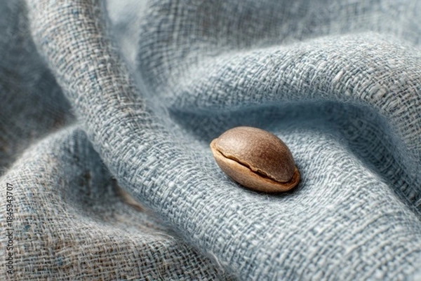 Fototapeta Single Brown Seed on Rippled Blue Fabric