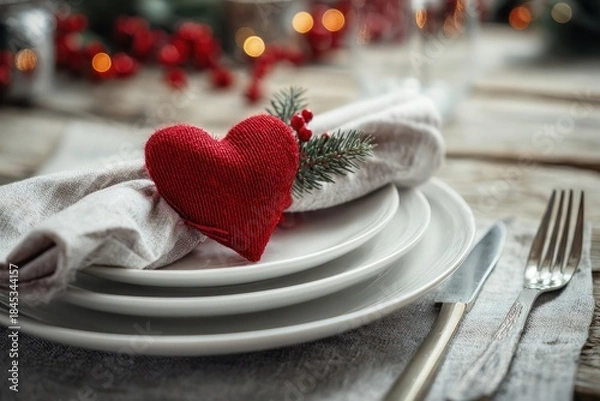Fototapeta Festive Dinner Table with Red Heart Setting