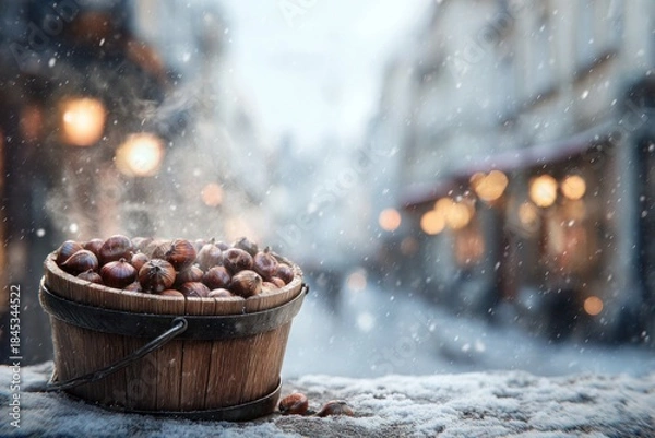 Fototapeta Steamy Chestnut Bucket on Snowy City Street