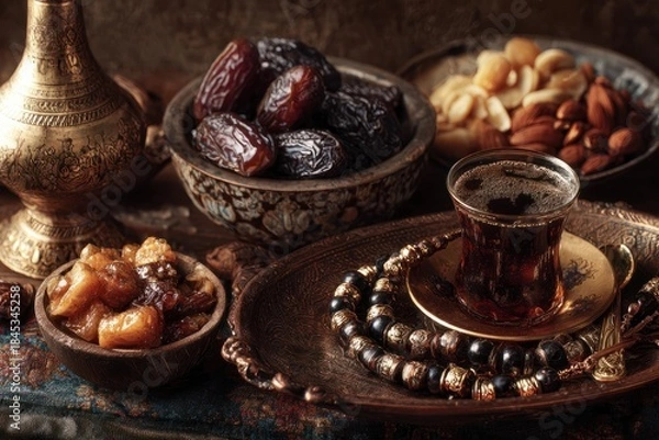 Fototapeta Traditional Ramadan Iftar Delicacies Spread