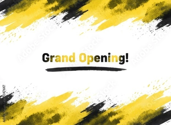 Fototapeta Grand Opening Announcement With Yellow And Black Brush Stroke Border On White Background Vibrant Celebration