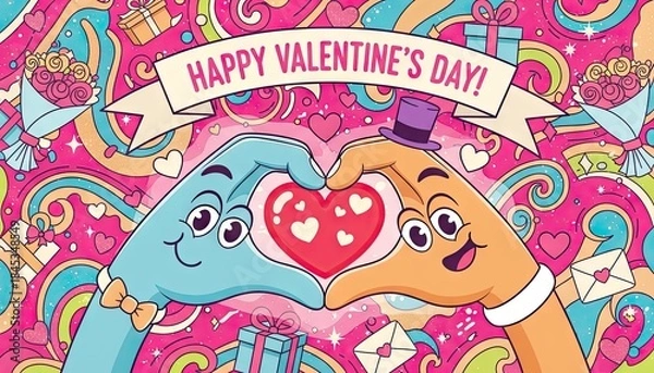 Fototapeta Happy Valentines Day Cartoon Hands Forming Heart Shape With Red Heart In Center And Pink Swirls Background