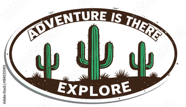 Fototapeta Retro desert exploration emblem with iconic saguaro cacti, inspiring adventure and discovery in the natural landscape