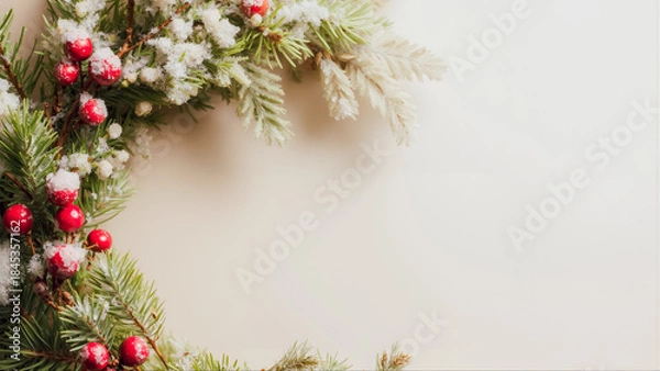 Obraz ベージュの背景に雪をかぶったモミの枝と赤い実のクリスマスフレーム