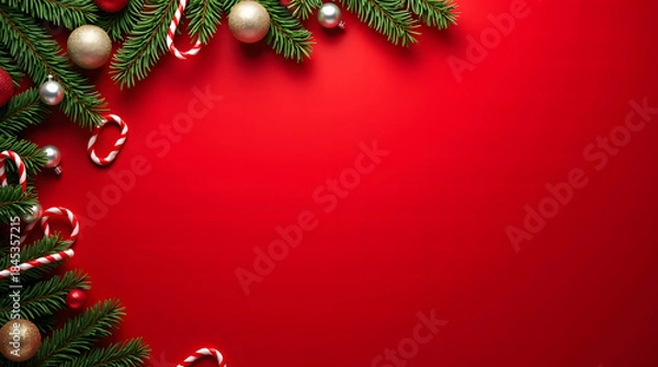 Fototapeta Red Christmas Decorative Background with Pine Leaves and Candy Cane for Holiday Greeting Card Design