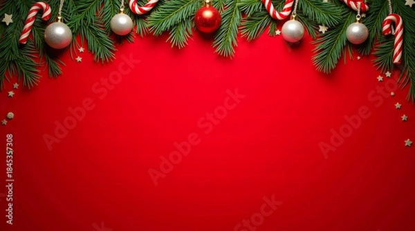 Fototapeta Red Christmas Decorative Background with Pine Garland and Ornament Border for Holiday Design