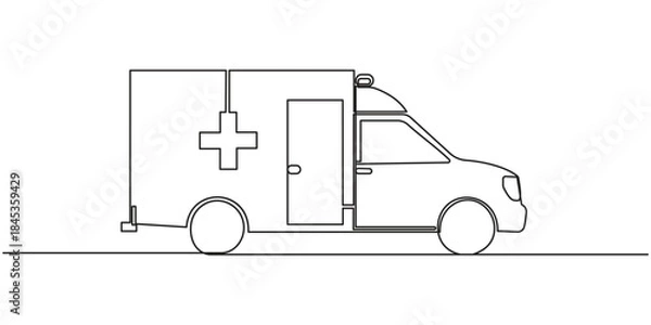 Fototapeta Ambulance vehicle in continuous line art drawing style. Emergency ambulance van with Red Cross symbol black linear, Ambulance car continuous one line drawing. Ambulance van single line art.
