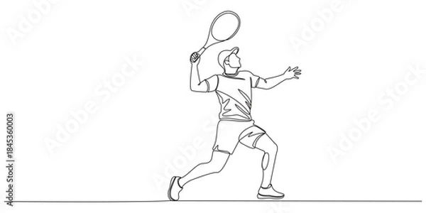 Fototapeta Tennis player with racket outline drawing illustration. one continuous line drawing of tennis player hit the ball, tennis player silhouette vector simple continuous one line drawing.