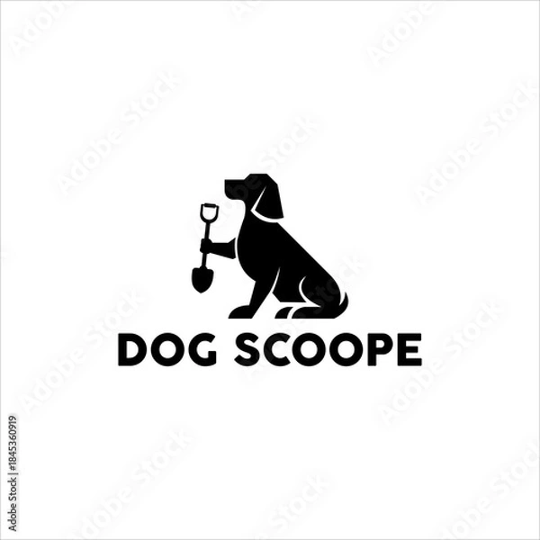 Obraz Modern black vector logo featuring a stylized sitting dog holding a small shovel, representing pet waste cleanup or care service.