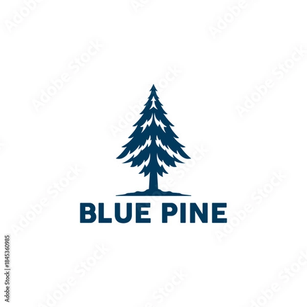 Obraz Minimalist deep blue pine tree vector logo with stylized sharp intimate apparelnches and bold 'blue pine' typography