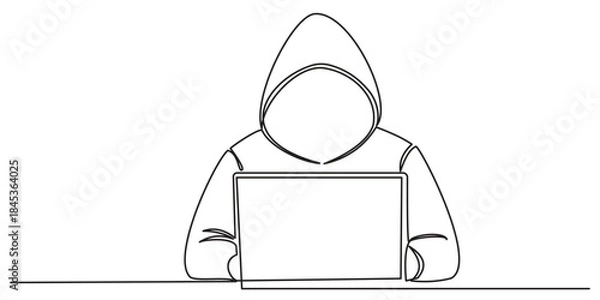 Fototapeta Hacker Working with Laptop One Line Drawing. Man Hacker with Laptop One Line Art. Continuous Line Vector Illustration
