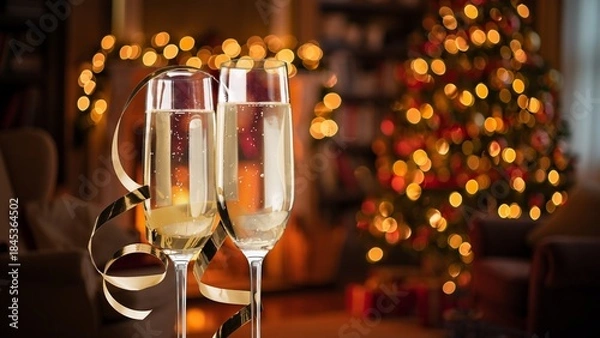 Obraz Two glasses of champagne on abstract room background