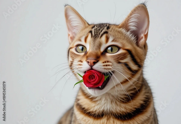 Obraz Charming cat with a rose in his teeth on a white background.
