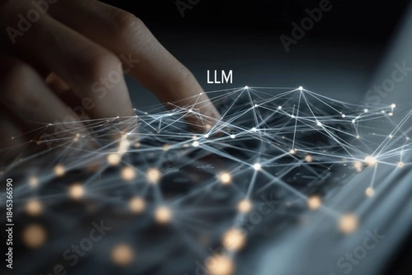 Obraz Hand Touching Glowing Digital Network Mesh Structure.