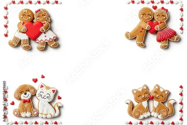 Obraz Holiday gingerbread cookies frame for Christmas, New Year and Valentine's Day. Loving couples and pets holding red hearts on white background with large copy space.
