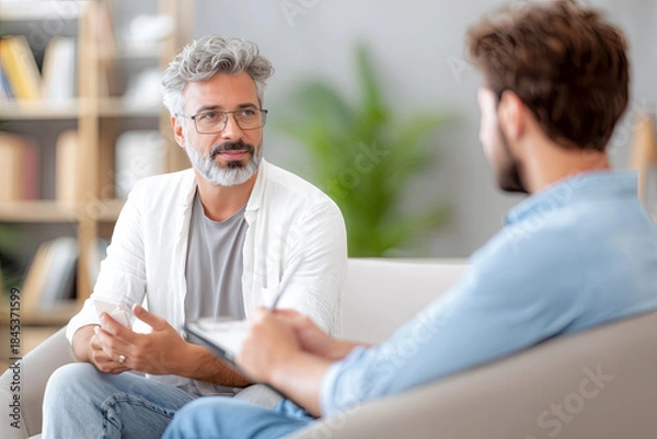 Obraz Mature man with gray hair and glasses engaged in a thoughtful conversation with a younger man in a modern, cozy living room setting, showcasing emotional connection and dialogue