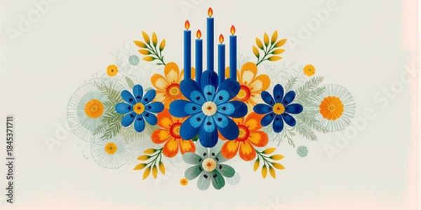 Obraz Flat geometric illustration of a vibrant floral arrangement featuring blue and orange flowers with candles, creating a festive ambiance for celebrations and special occasions