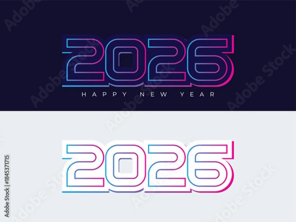Obraz Happy New Year 2026 Neon Gradient Typography Design on Dark and Light Background. Modern Futuristic Number Illustration for Celebration Banner, Digital Poster, Technology Event, Social Media.