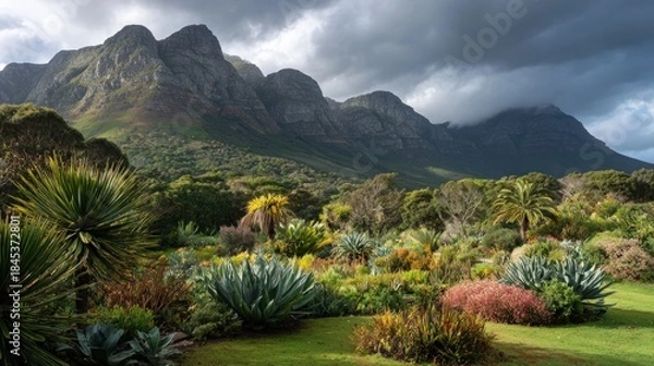 Obraz Lush Succulent Garden with Dramatic Mountain Backdrop Under Cloudy Sky.