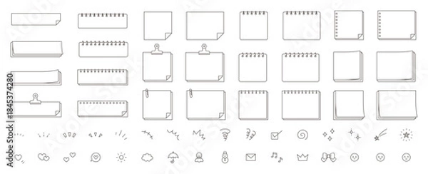 Fototapeta シンプルなフレームと飾りアイコンのベクターイラストセット。枠、付箋、メモ
