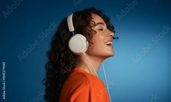 Fototapeta Harmony in Sound: Capturing a woman enveloped in the joy of music, with her eyes gently closed and the melodic tones washing over her.