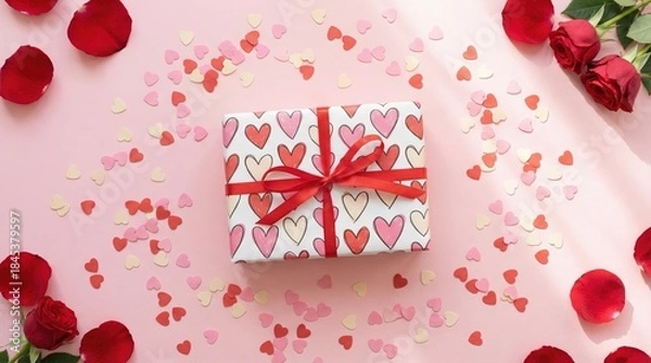 Obraz Romantic Flat Lay with Heart patterned Gift Box, Rose Petals, and Confetti
