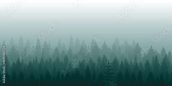 Obraz Misty Forest Vector Background Evergreen Pine Trees Silhouette in Foggy Coniferous Woods Landscape