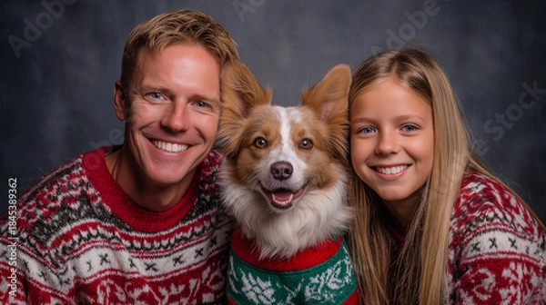 Obraz Joyful Family Portrait with a Dog in Festive Holiday Sweaters