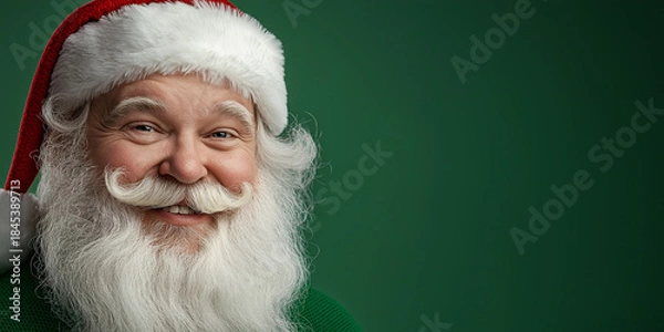 Obraz Smiling Santa Claus Portrait with White Beard and Red Hat on Green Background