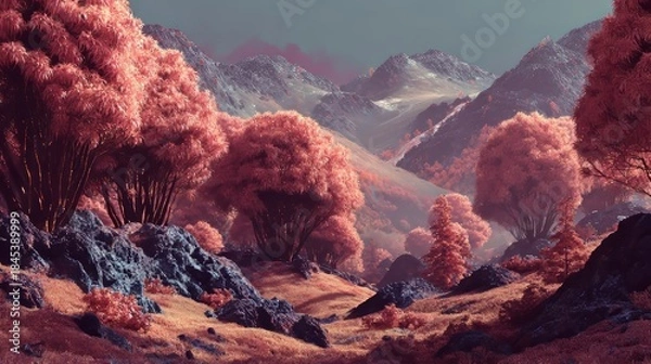 Obraz A vibrant, dreamlike landscape with pink trees, rocky formations, rolling hills, and a distant mountain range under a moody sky